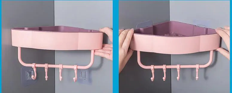 Maximize Space: Two-Tone Triangular Corner Bathroom Storage Rack with Hooks |
