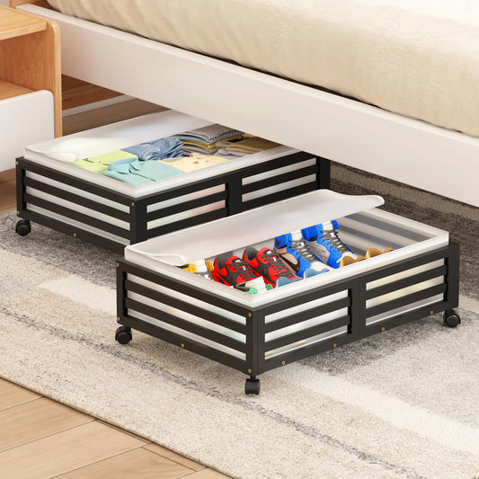 Premium 2 Pcs Bamboo Wood Under Bed Storage Containers with Wheels - Rolling Shoe Storage Bins & Dustproof Bags for Clothes, Blankets & Toys (Black)