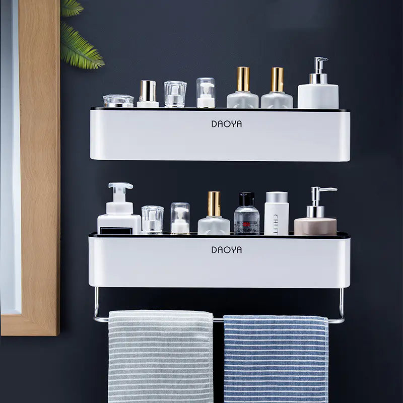 "Damage-Free Wall-Mounted Bathroom Storage Rack - No Drilling Adhesive Shower Caddy
