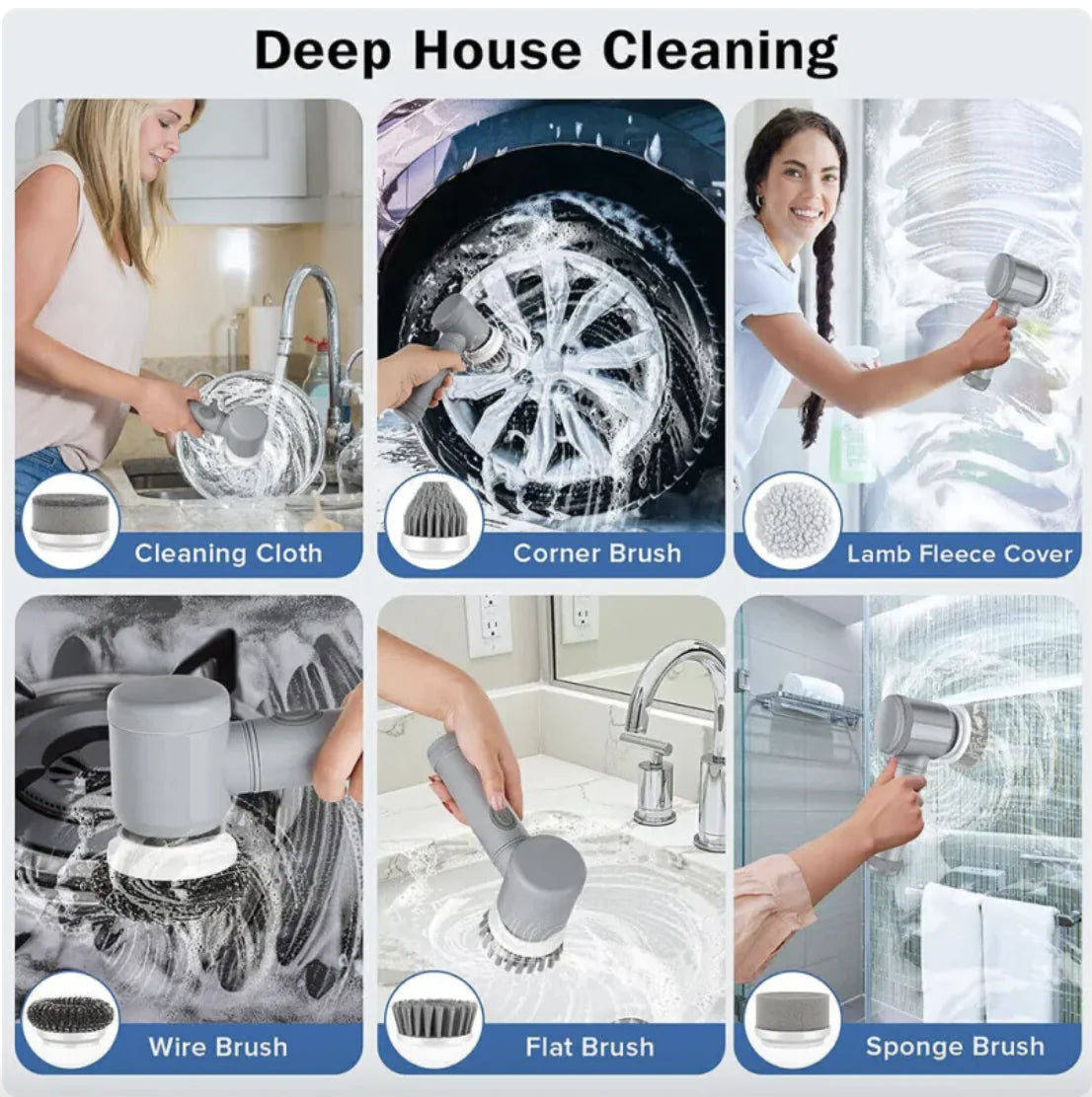 "7-in-1 Rechargeable Electric Spin Scrubber – Cordless Power Scrubber with 8 Replaceable Brush Heads, Adjustable Long Handle – Waterproof Bathroom & Kitchen Cleaning Brush