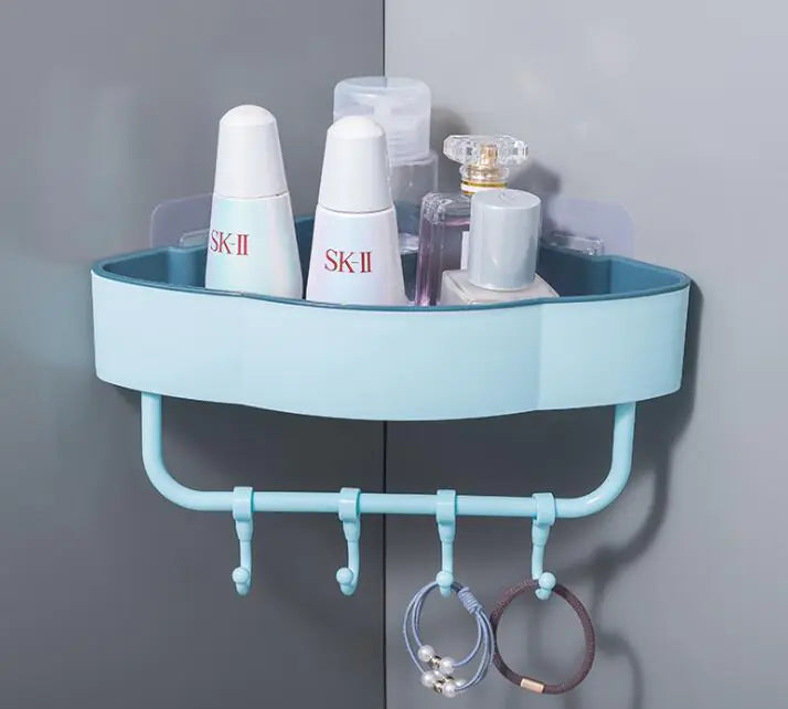 Maximize Space: Two-Tone Triangular Corner Bathroom Storage Rack with Hooks |