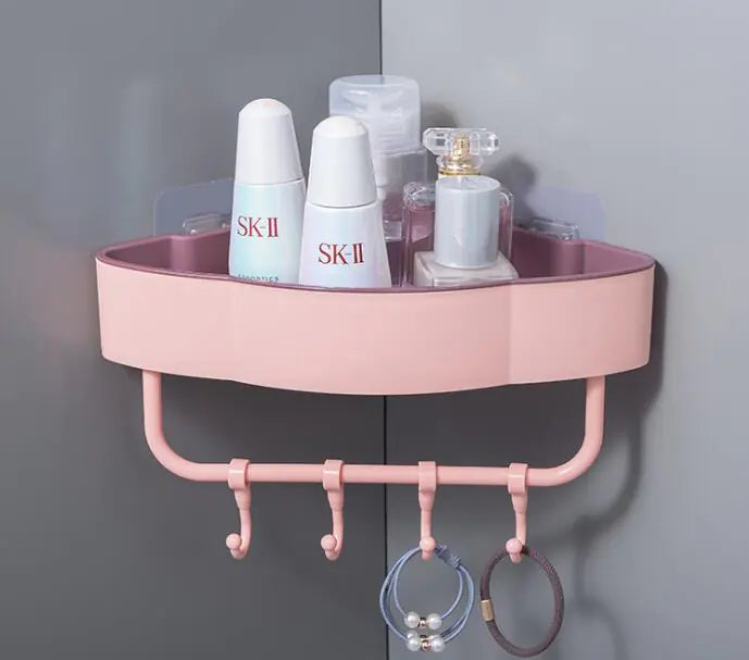 Maximize Space: Two-Tone Triangular Corner Bathroom Storage Rack with Hooks |