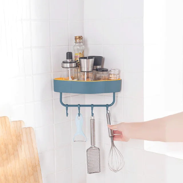 Maximize Space: Two-Tone Triangular Corner Bathroom Storage Rack with Hooks |