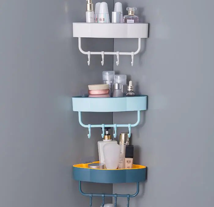 Maximize Space: Two-Tone Triangular Corner Bathroom Storage Rack with Hooks |