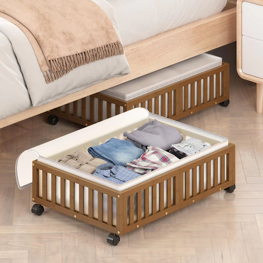 Bamboo Under Bed Storage Containers with Wheels (Walnut, 2 Pack) - Large Wood Rolling Underbed Drawers for Bedroom Closet, Shoe Organizer Bins for Clothes, Blankets & Toys
