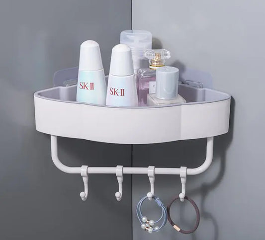Maximize Space: Two-Tone Triangular Corner Bathroom Storage Rack with Hooks |