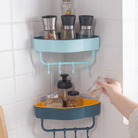 Maximize Space: Two-Tone Triangular Corner Bathroom Storage Rack with Hooks |