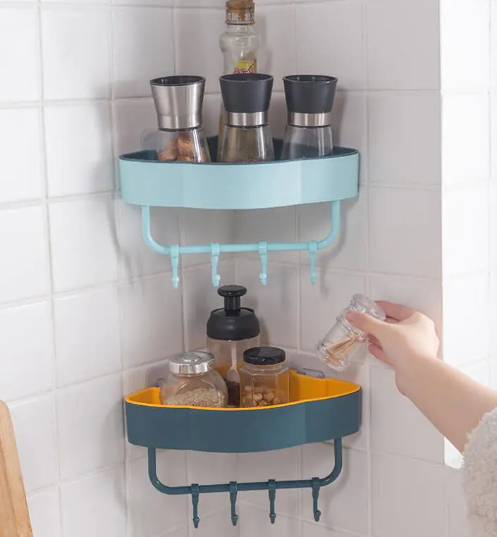 Maximize Space: Two-Tone Triangular Corner Bathroom Storage Rack with Hooks |