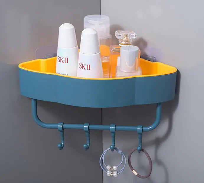 Maximize Space: Two-Tone Triangular Corner Bathroom Storage Rack with Hooks |