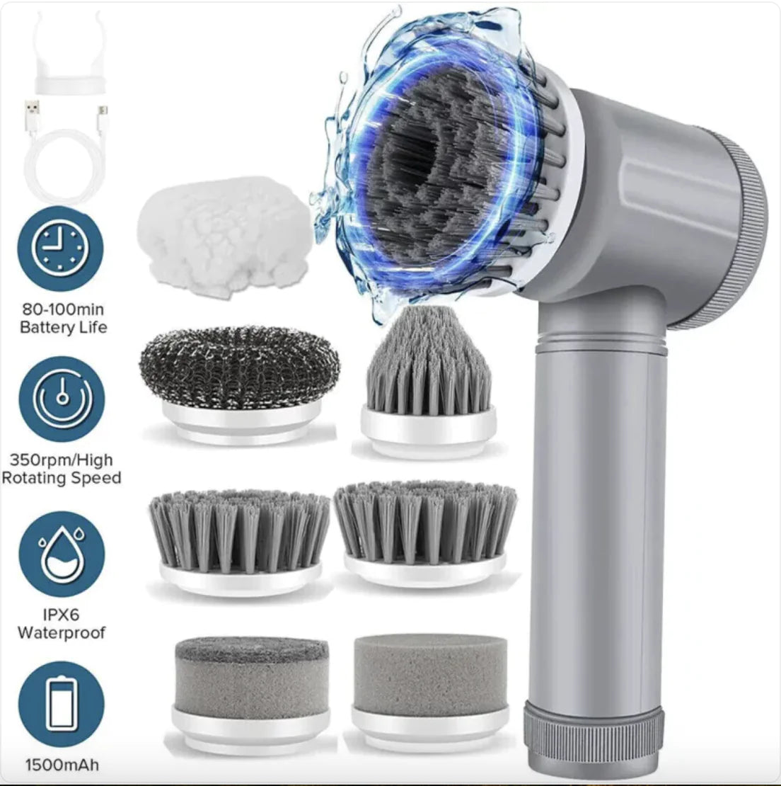 "7-in-1 Rechargeable Electric Spin Scrubber – Cordless Power Scrubber with 8 Replaceable Brush Heads, Adjustable Long Handle – Waterproof Bathroom & Kitchen Cleaning Brush