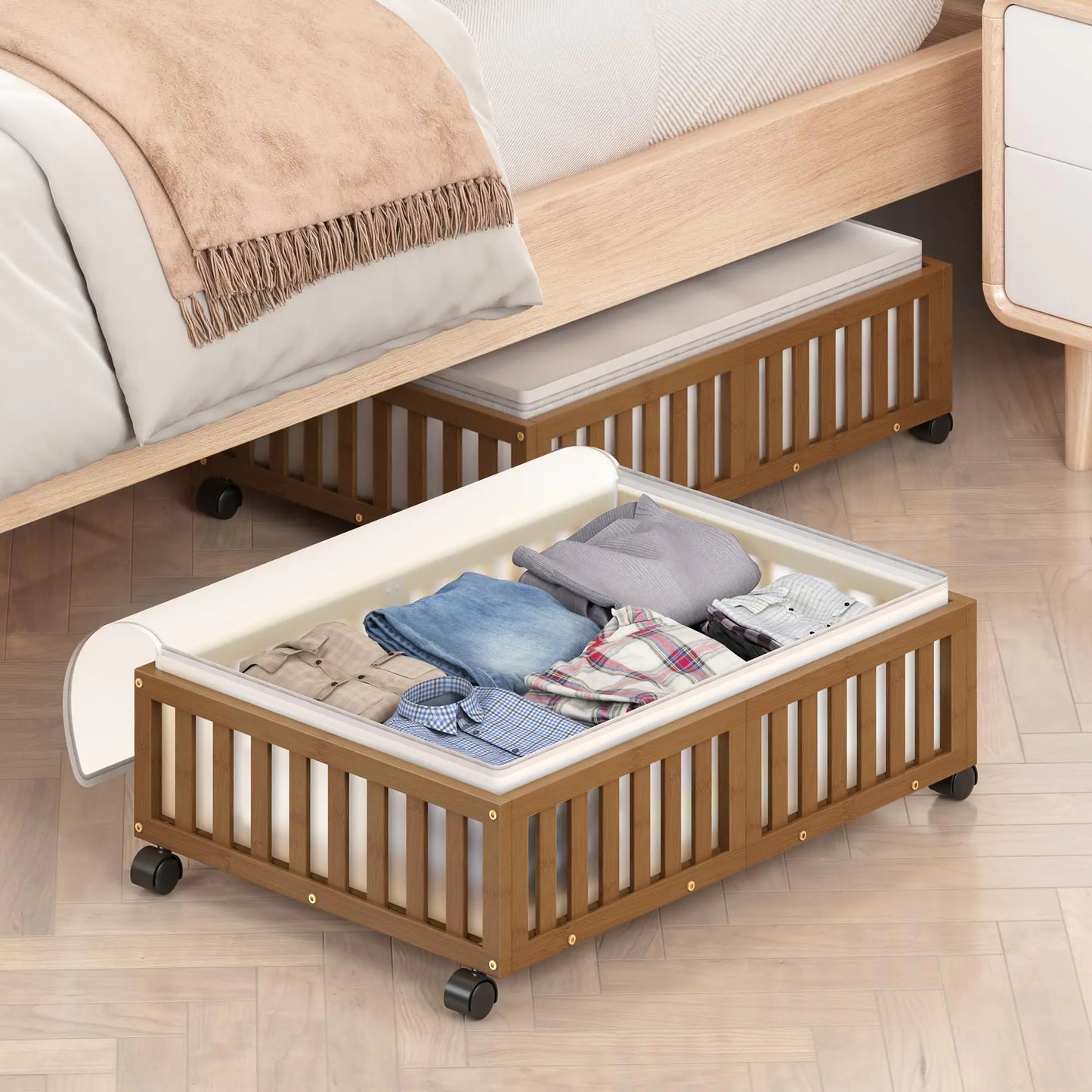 Bamboo Under Bed Storage Containers with Wheels (Walnut, 2 Pack) - Large Wood Rolling Underbed Drawers for Bedroom Closet, Shoe Organizer Bins for Clothes, Blankets & Toys